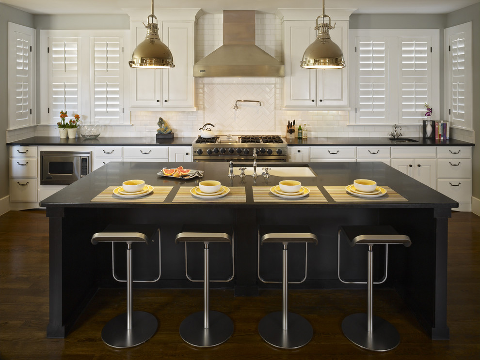 Subway Backsplash Tile Kitchen Contemporary with Breakfast Bar Dark Floor