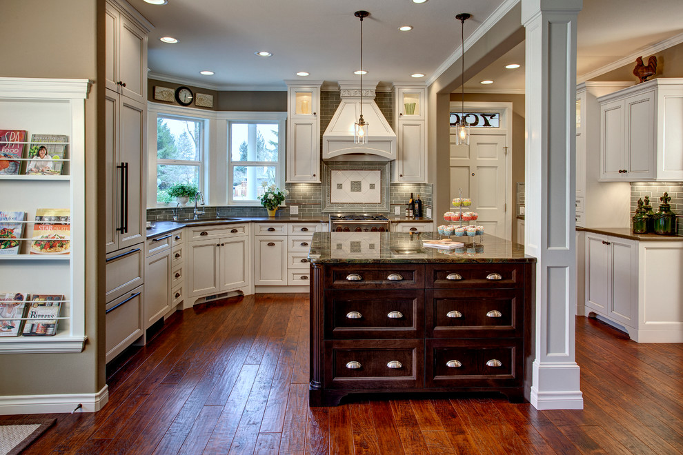 Subway Tile Backsplash Kitchen Kitchen Traditional with Autumn Green Granite Blue1