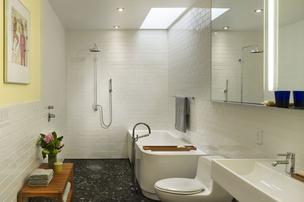 Subway Tile Bathrooms Bathroom Modern with Bench Frameless Shower Freestanding