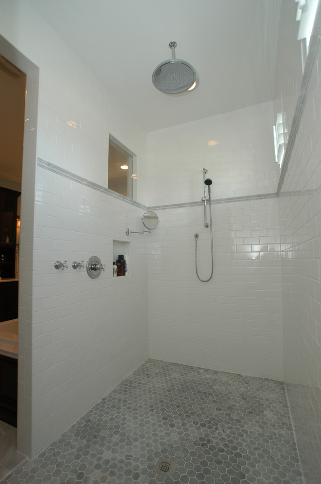 Subway Tile Floor Bathroom Contemporary with Alcove Cubbie Floor Drain