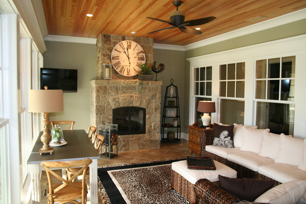 Sunroom with Fireplace Sunroom Traditional with Brown Stone Floor Ceiling