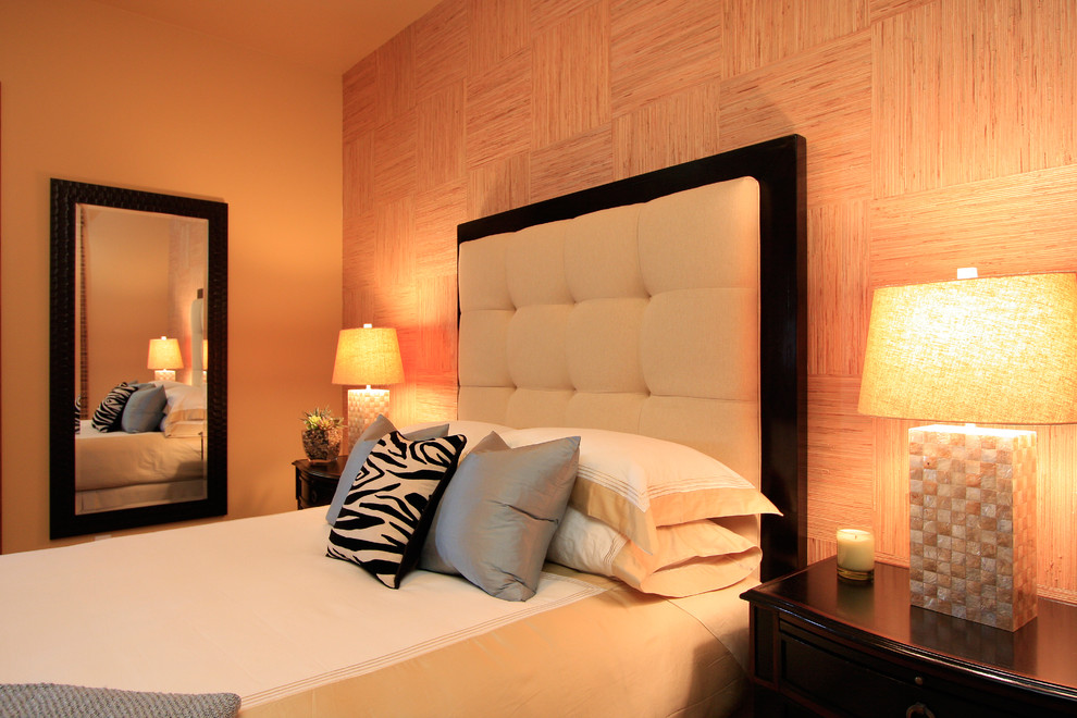 Tall Headboard Beds Bedroom Contemporary with Accent Wall Bedside Table