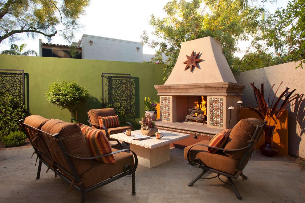 Tall Privacy Fence Patio Mediterranean with Accent Wall Brown Seat
