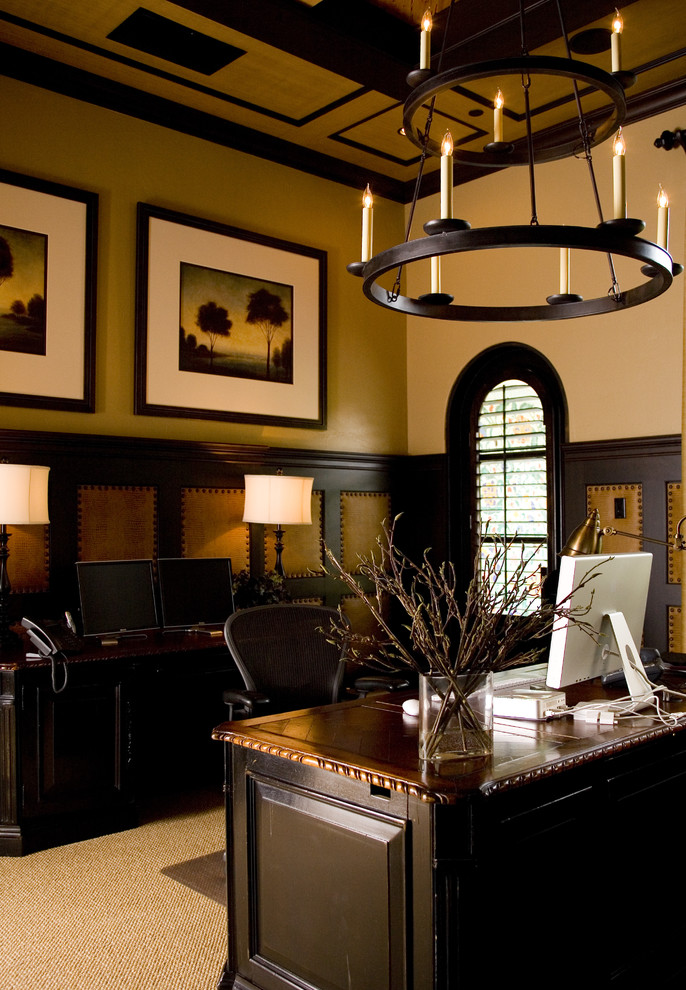 Tan Leather Office Chair Home Office Mediterranean with Ceiling Treatment Chandelier Coffered
