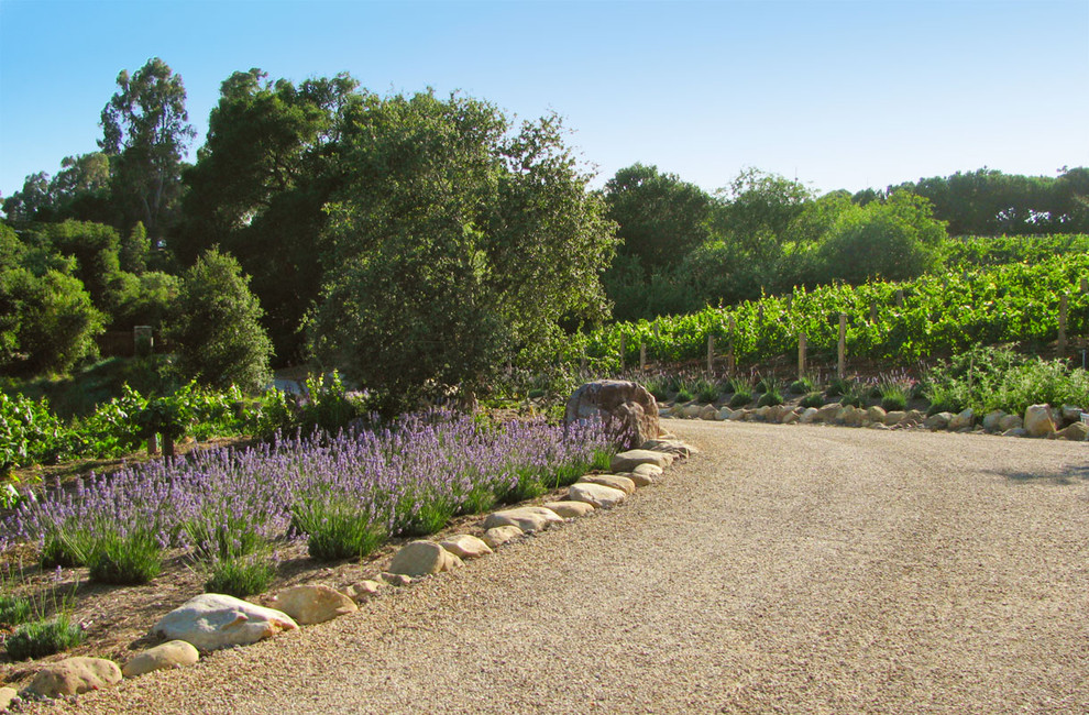 Tar and Chip Driveway Landscape Mediterranean with Boulders Curved Flowers Garden