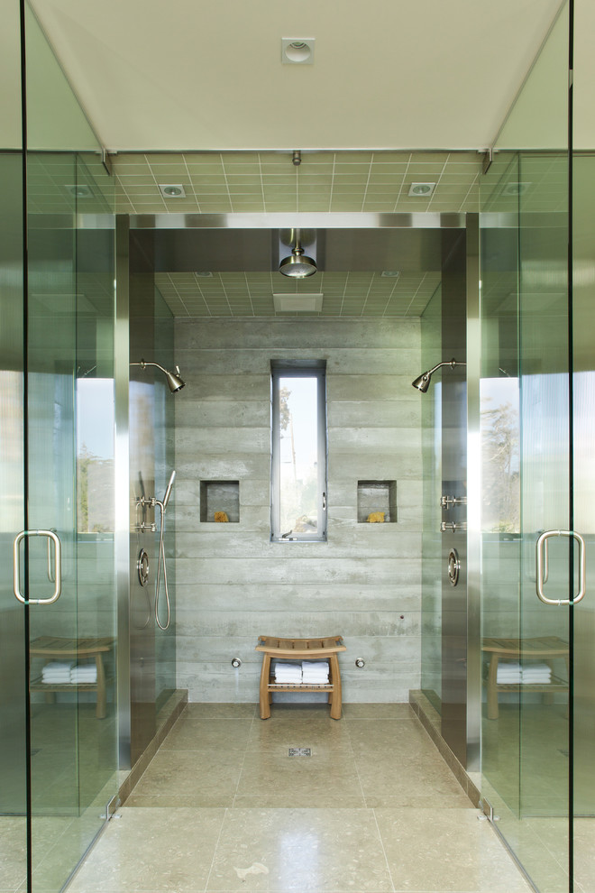 Teak Shower Stool Bathroom Modern with Chrome Concrete Faucet Glass