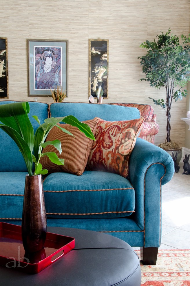 Teal Velvet Sofa Living Room Traditional with Asian Art Grass Cloth