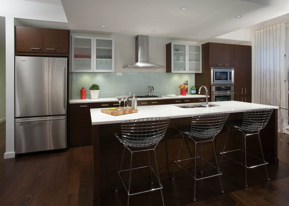 Tempered Glass Backsplash Kitchen Contemporary with Curtain Panel Dark Stained