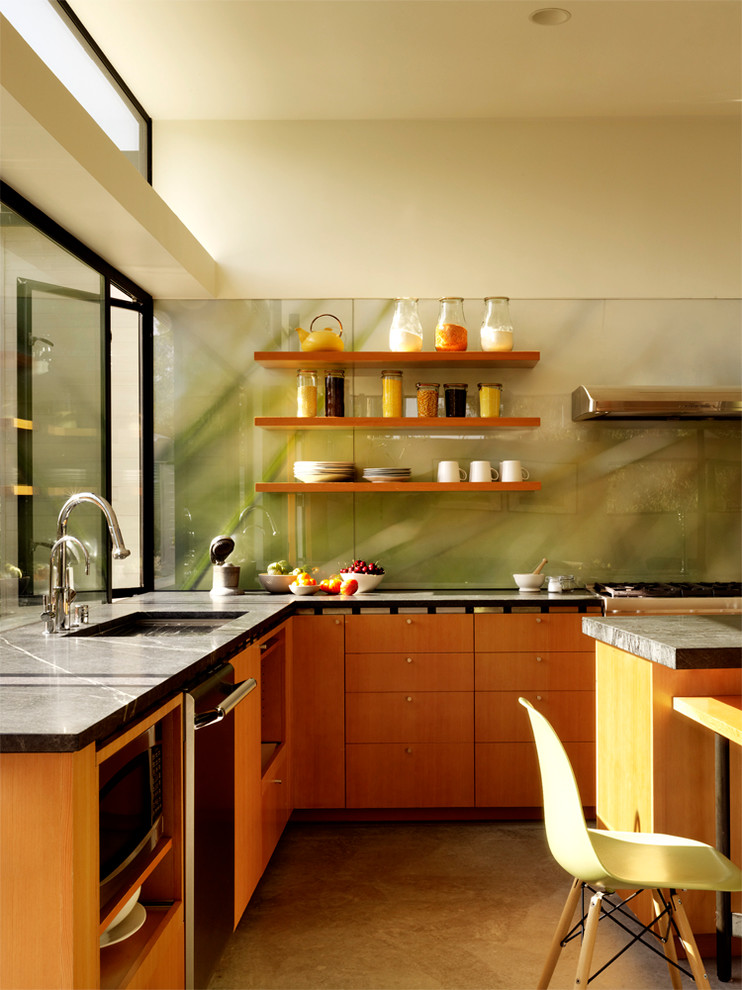Tempered Glass Backsplash Kitchen Modern with Concrete Floor Dining Chair