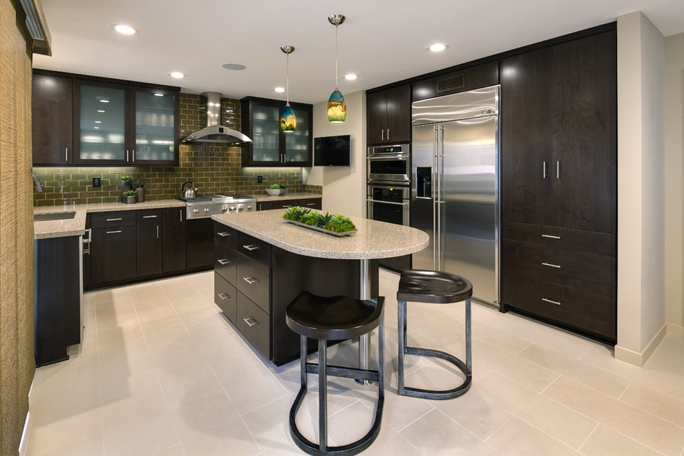 Tempered Glass Backsplash Kitchen Transitional with 3x6 Subway Tile Dark