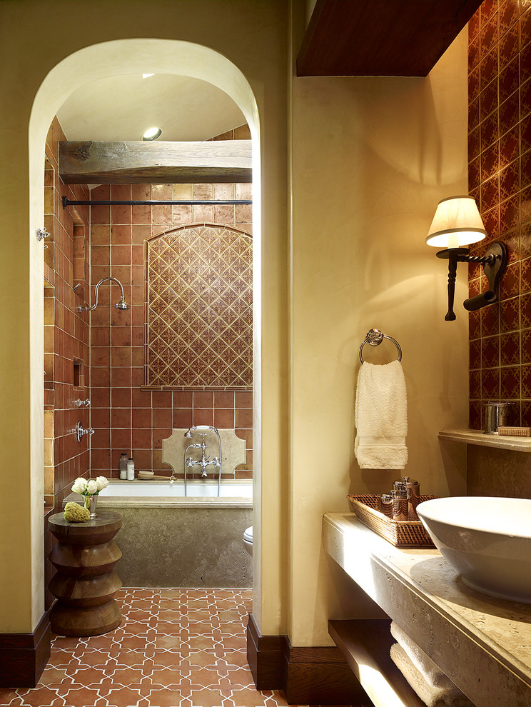 Terracotta Floor Tile Bathroom Mediterranean with Accent Tile Archway Baseboards
