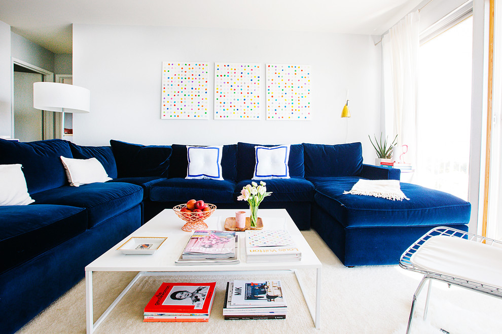 Thomasville Sectional Sofas Living Room Transitional with Abstract Art Blue Velvet