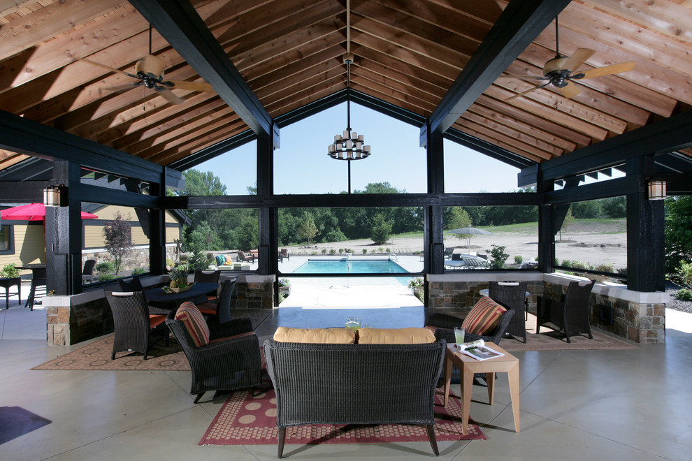 Three Season Porch Porch Contemporary with Back Candelabra Ceiling Fans