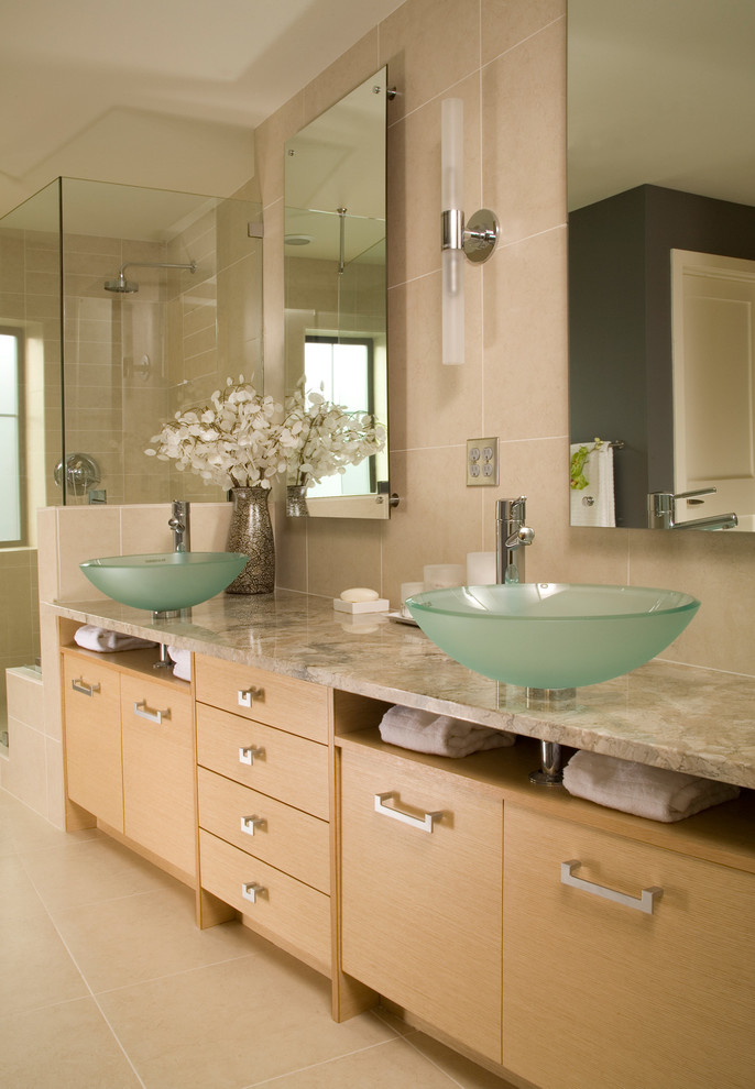 Three Sided Gas Fireplace Bathroom Contemporary with All Glass Shower Door
