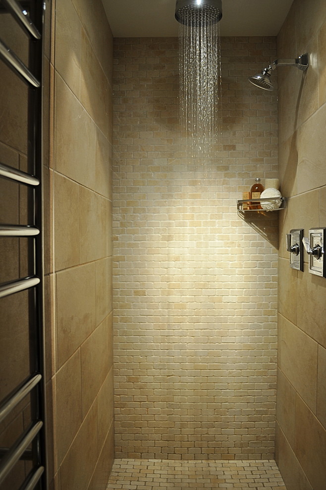 tile accent wall Bathroom Contemporary with double shower head neutral