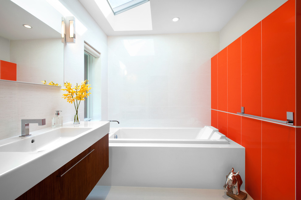 Tile Accent Wall Bathroom Midcentury with Bathtub Ceiling Lighting Floating