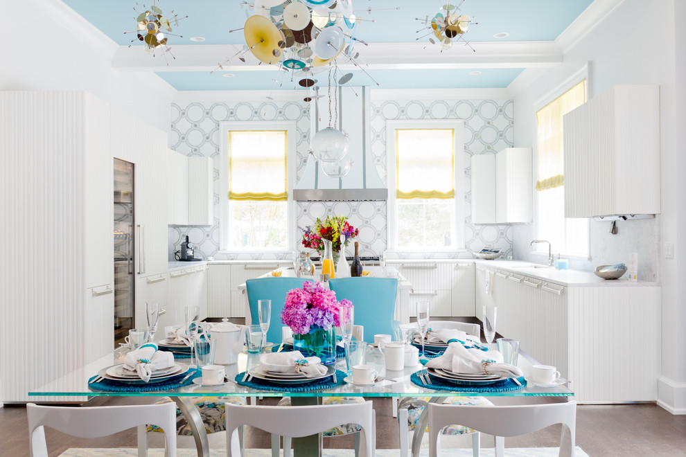 Tile Accent Wall Dining Room Contemporary with Beadboard Blue Chairs Box