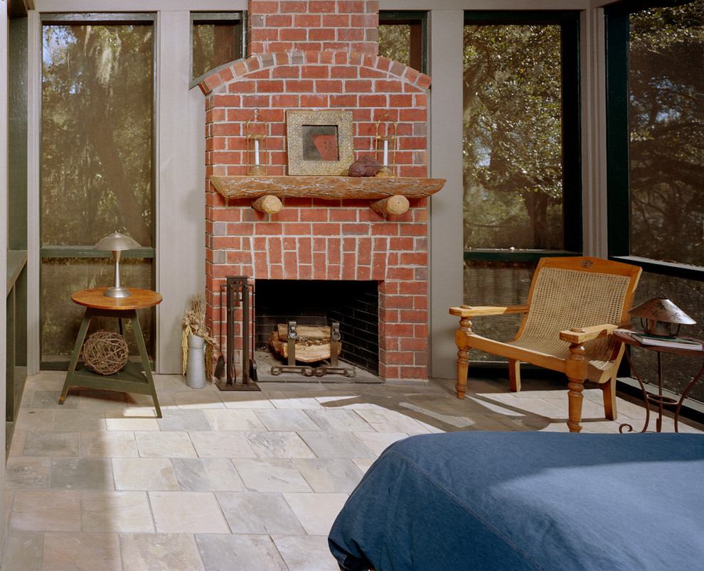 Tile Brick Pattern Porch Rustic with Brick Fireplace Denim Duvet