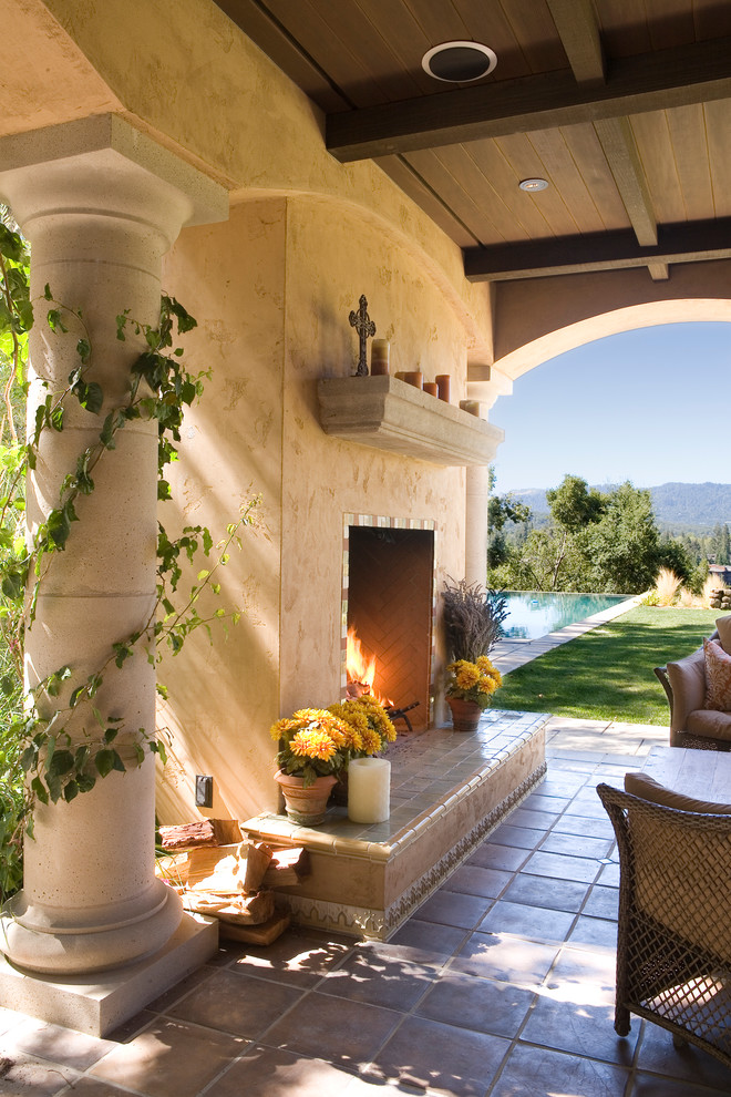 Tile Fireplace Designs Patio Rustic with Climbing Plants Coffered Ceiling