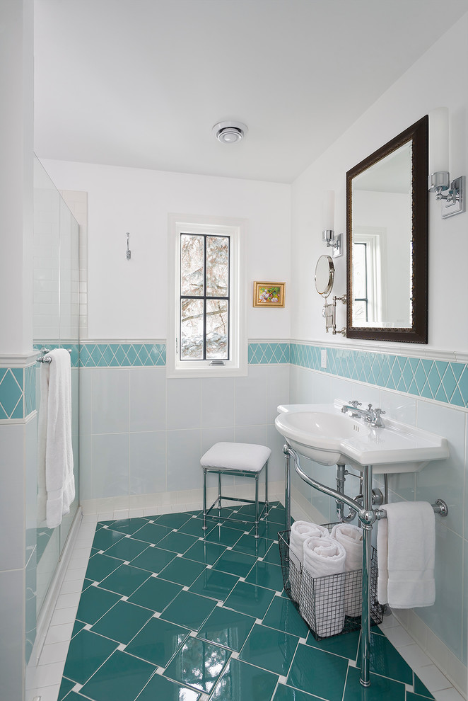Tile Floor Patterns Bathroom Traditional with Antique Mirror Blue And