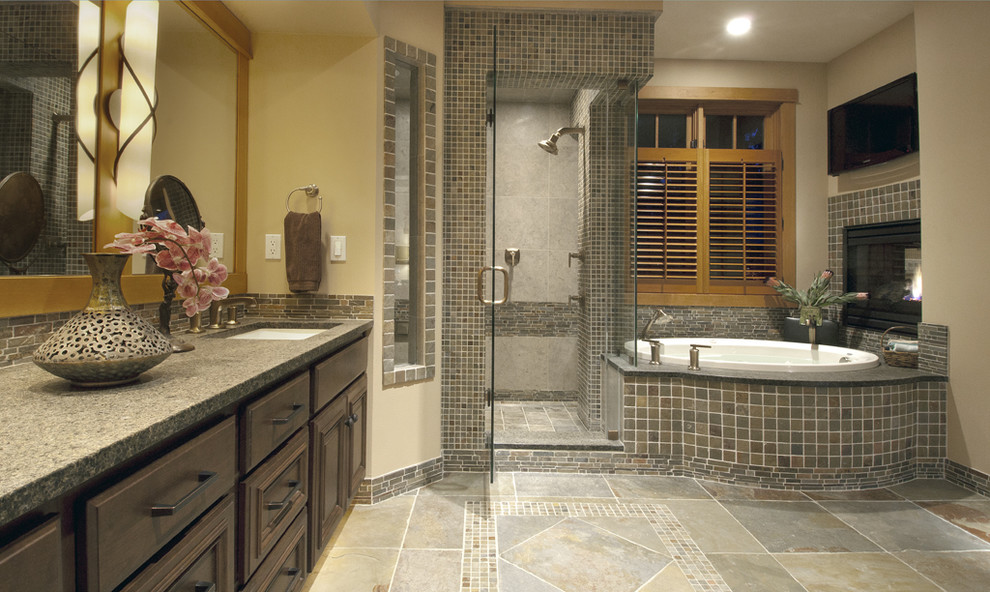 tile flooring designs Bathroom Contemporary with dark cabinets granite counter