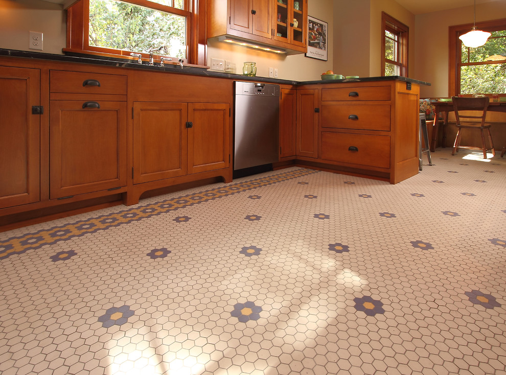 Tile Flooring Designs Kitchen Craftsman with Beige Birch Cabinet Black