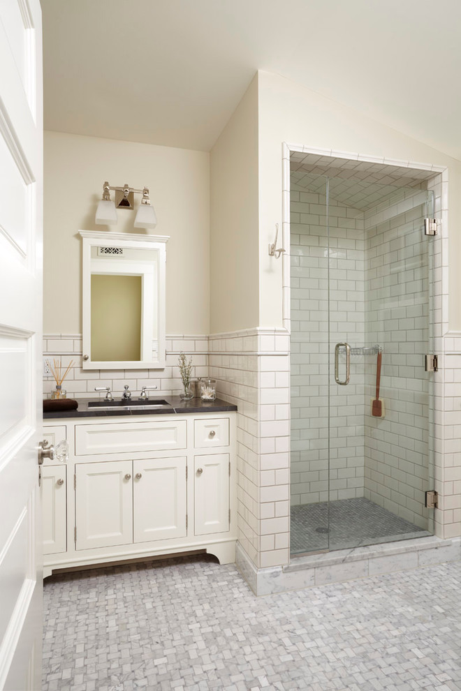 Tile Shower Stalls Bathroom Traditional with Basketweave Black and White