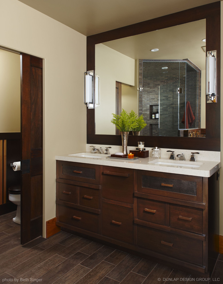 Tile That Looks Like Hardwood Bathroom Traditional with Brown Cream Double Sinks