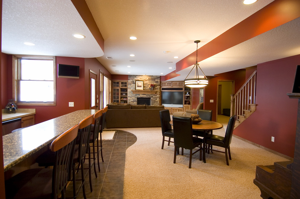 Tile to Carpet Transition Basement Traditional with None 