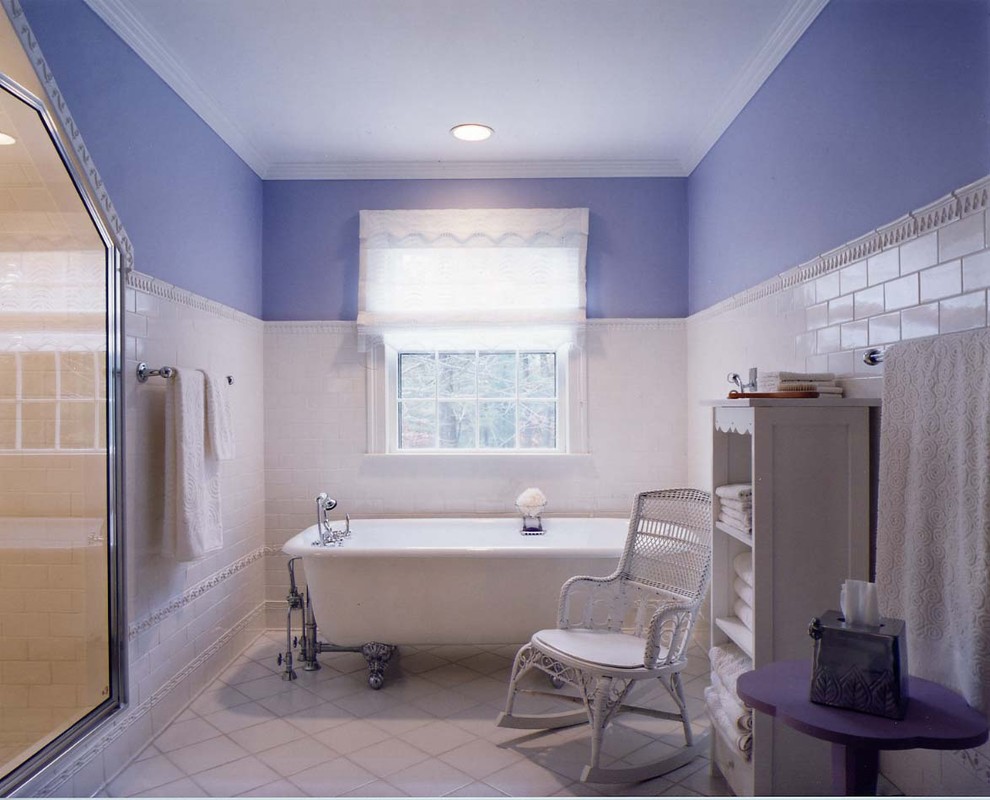 tile trim ideas Bathroom Traditional with blue wall clawfoot tub