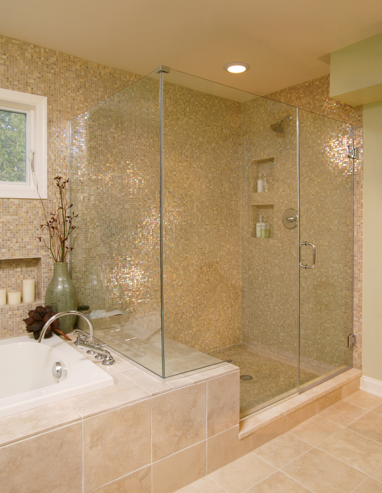 Tiled Bathroom Showers Bathroom Transitional with Bath Fixtures Candles Ceiling