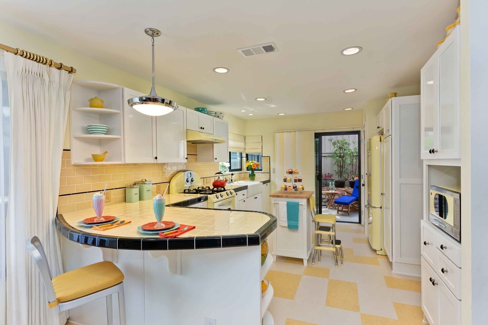 Tiled Countertops in Kitchen Kitchen Traditional with Checkerboard Floor Kitchen Cart