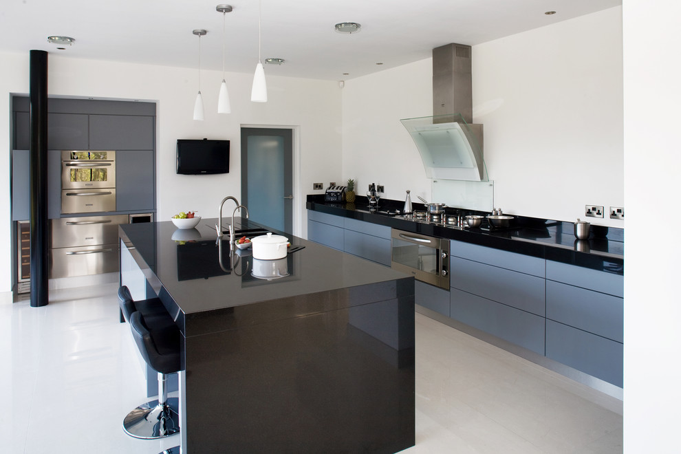 Tiled Kitchen Countertops Kitchen Contemporary with Black Counter Blue Cabinet