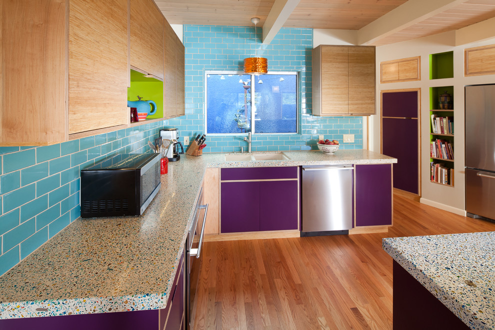 Tiled Kitchen Countertops Kitchen Eclectic with Bamboo Cabinet Blue Tiles