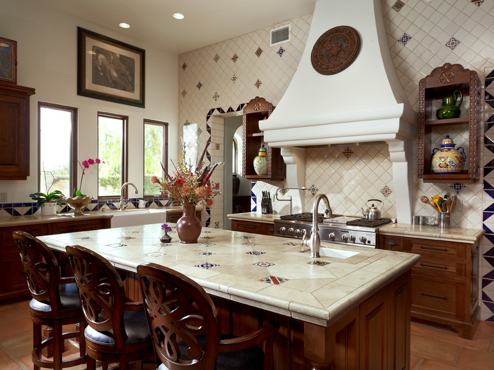 Tiled Kitchen Countertops Kitchen Mediterranean with Bar Sink Beige Tile