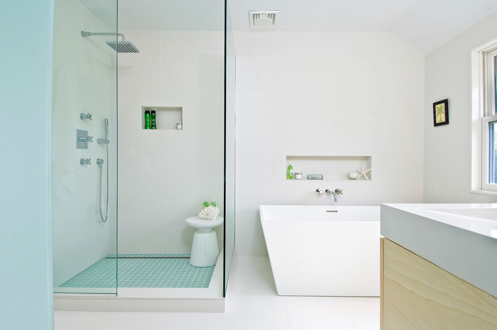 Tiled Shower Floor Bathroom Contemporary with Freestanding Bathtub Glass Shower