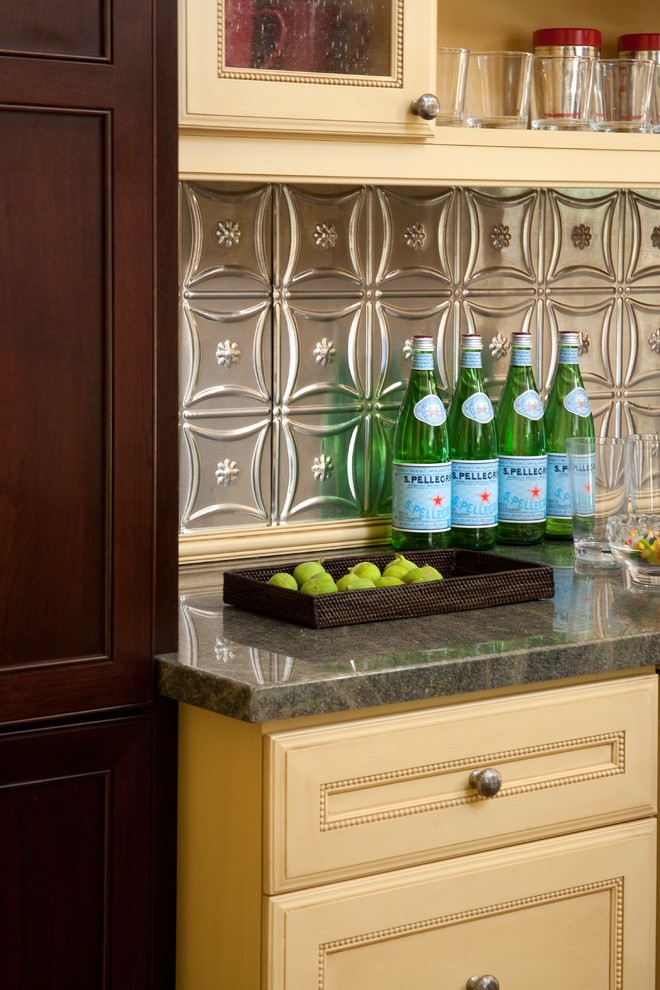 Tin Backsplash Tiles Kitchen Traditional with Beverage Station Contrasting Cabinetry