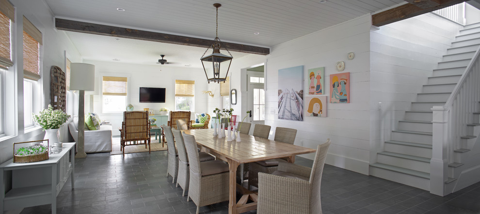 Tongue and Groove Ceiling Planks Dining Room Beach with Antiques Bar Stools Beach
