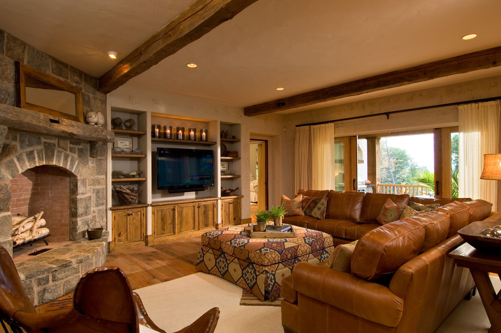 Top Grain Leather Ottoman Living Room Rustic with Ceiling Lighting Corner Fireplace