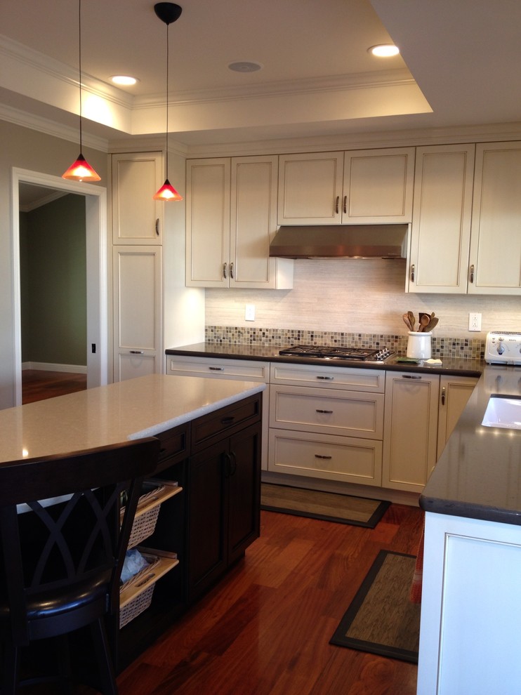 Top Grain Leather Sofa Kitchen Traditional with Cherry Glass Mosaic Tile