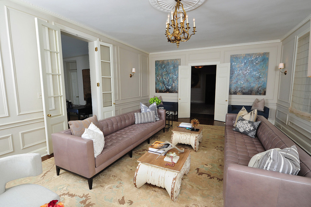 Top Grain Leather Sofa Living Room Modern with Artwork Ceiling Medallions Chandelier