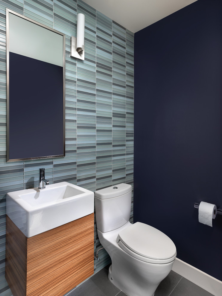 Toto Aquia Ii Powder Room Contemporary with Blue Floating Cabinet Glass