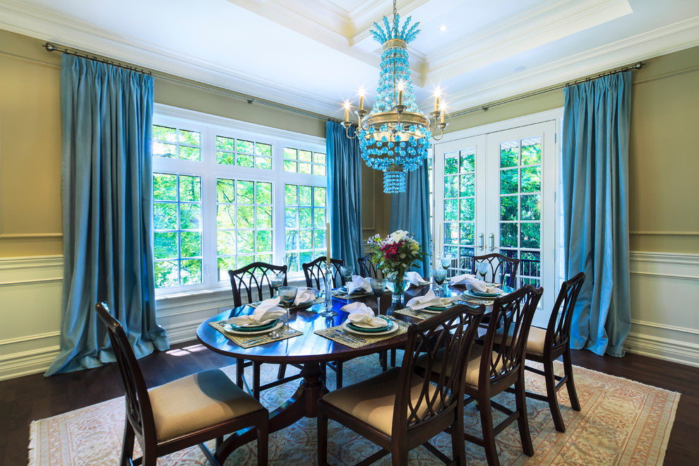 Traditional Dining Chairs Dining Room Transitional with Area Rug Blue Curtains