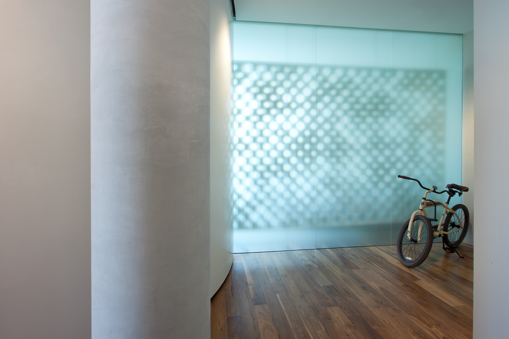 Translucent Window Shades Entry Modern with Bike Circles Curved Wall