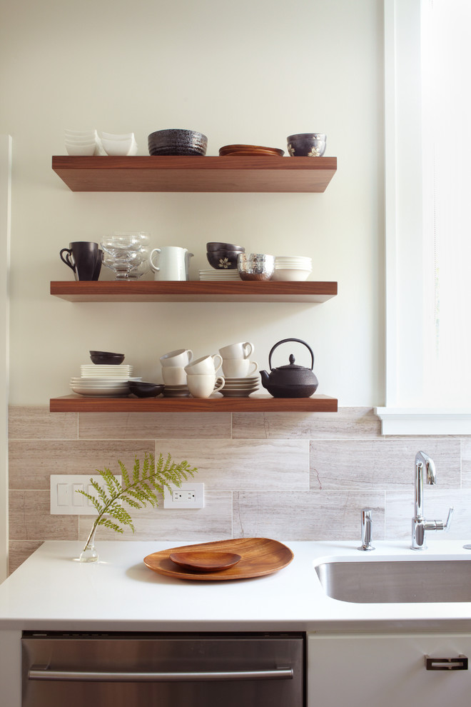 Travertine Backsplash Tile Kitchen Contemporary with Black and White Floating