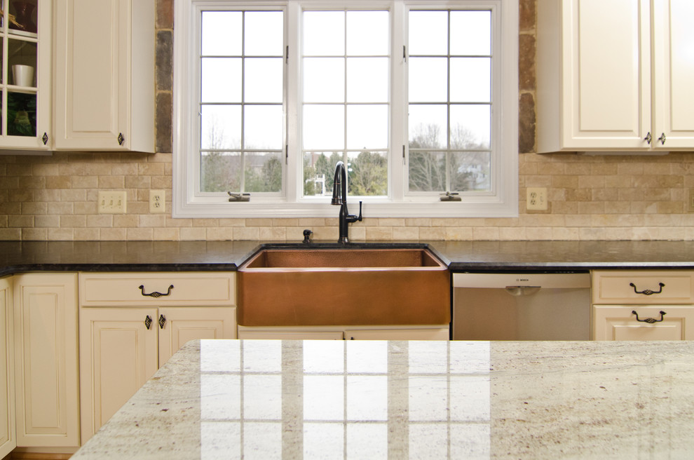 Travertine Backsplash Tile Kitchen Traditional with Antique Brown Granite Antiqued