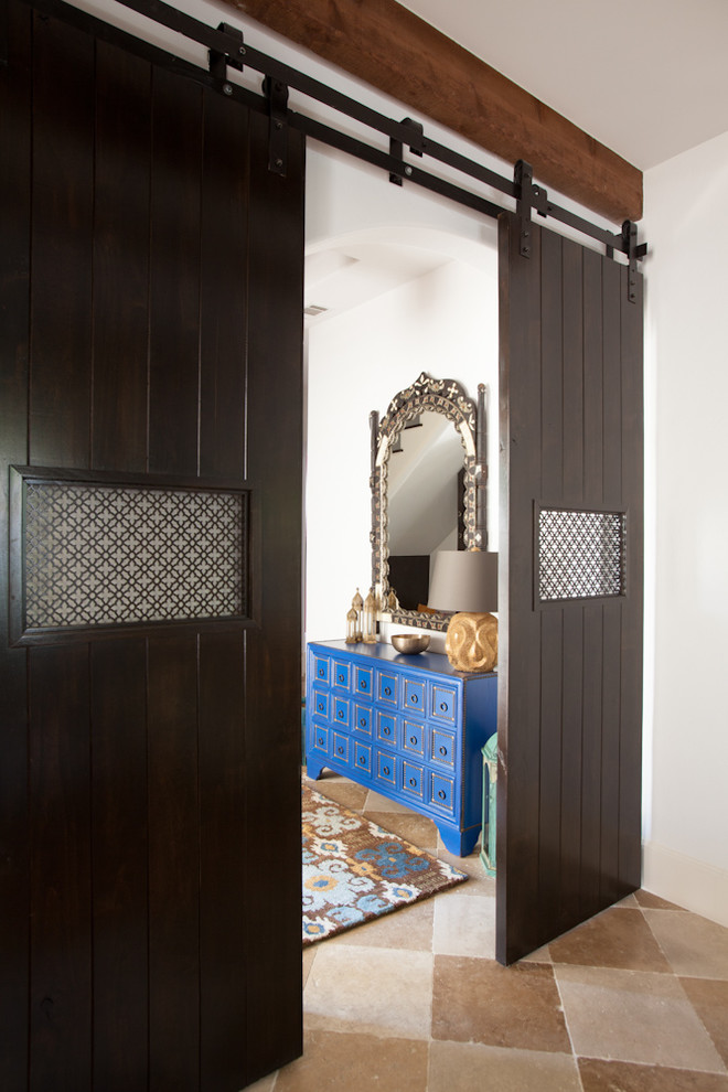 Travertine Floor Tile Entry Mediterranean with Blue Cabinet Gold Accents