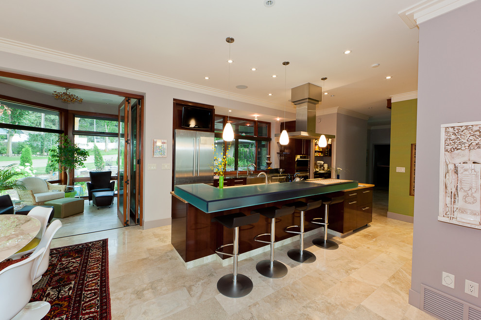 Travertine Floor Tile Kitchen Contemporary with Breakfast Bar Ceiling Lighting