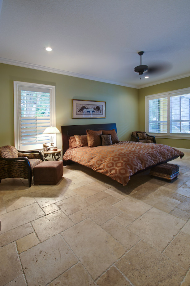 Travertine French Pattern Bedroom Contemporary with Brushed and Chiseled Flooring