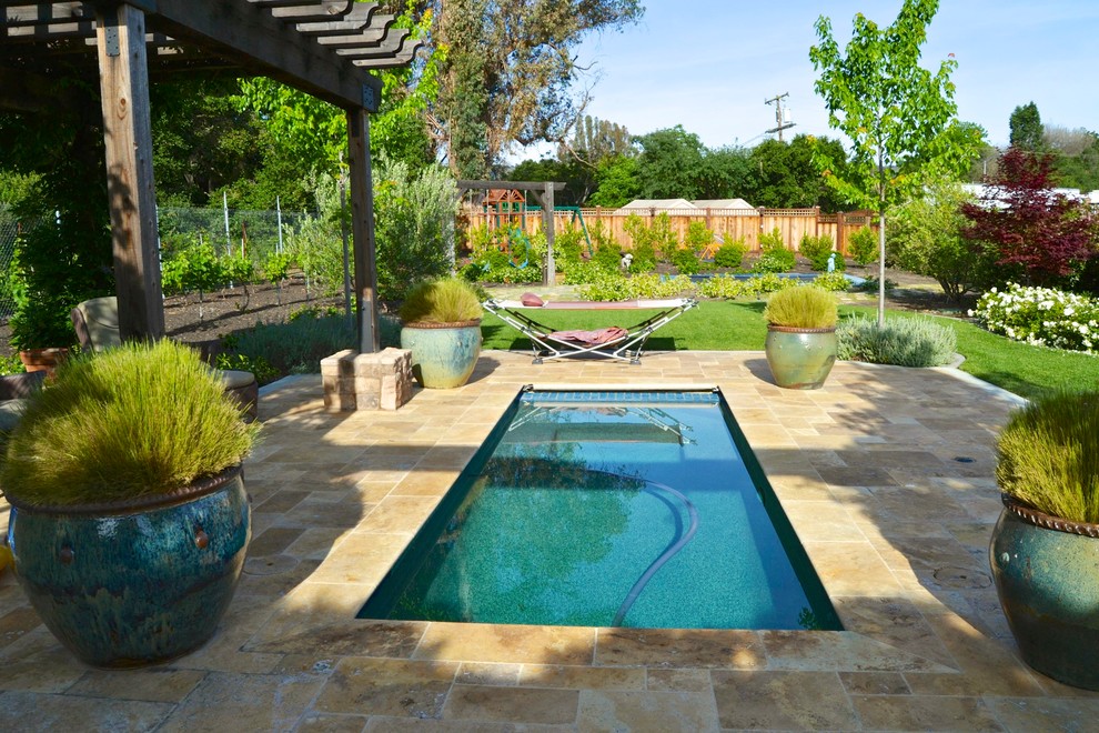 Travertine French Pattern Landscape Mediterranean with Arbor Exercise Pool Pergola